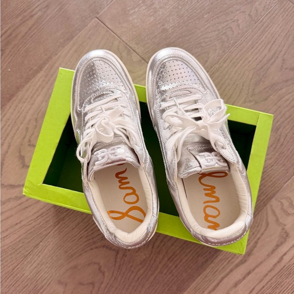NWT Sam Edelman Harper Silver Metallic Lace-Up Women's Sneaker
